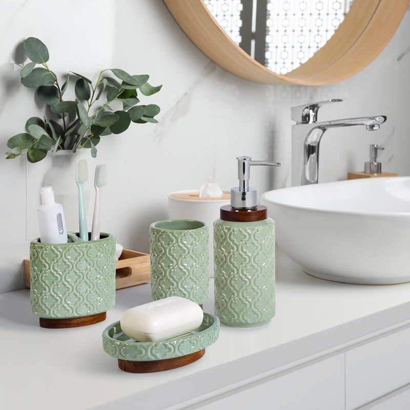 RQYIXI Elegant Bathroom Accessories Set 4 PCS Ceramic and Wood