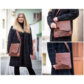 LECONI LE3027 Women's Crossbag Cowhide Leather Natural Shoulder Bag Vintage Look Leather Women + Men's Handbag Made of Real Leather 29 x 29 x 6 cm - Brown -