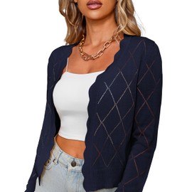CARDYDONY Women's Long Sleeve Cropped Cardigan Sweaters Open Front Hollow Out Shrugs Navy S