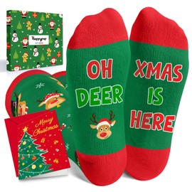 HAPPYPOP Christmas Gifts Stocking Socks for Tween Girls - Christmas Knee High Deer Socks Reindeer Stockings, Red and Green Socks with Greeting Card