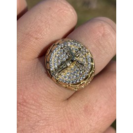 Italian Silver, Inc. Men's 14k Gold Plated Solid 925 Sterling Silver Jesus Cross Nugget Ring Pinky CZ - 10