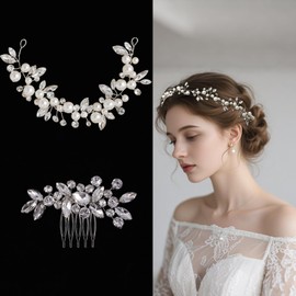 2 PCS Bridal Hair Set Pearl Headband Crystal Rhinestone Hair Comb Handmade Wedding Hair Accessories for Brides Bridesmaids