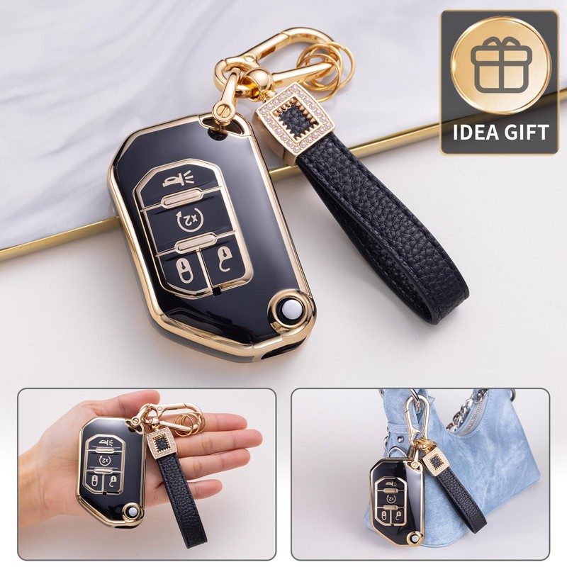 CACARLIKE Jeep Key Fob Cover with Leather Lanyard, Compatible with