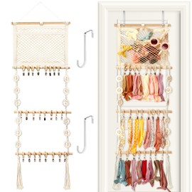 Dingion Headband Holder Hair Bows Organizer for Baby Girls Over Door Hair Bows Holder 4 Tier Wooden Large Daisy Headbands Hair Accessories Organizer Storage Decor Wall Hanging for Toddler Girls Room