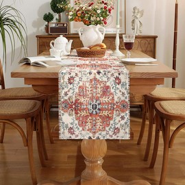 Chicamy Vintage Boho Style Table Runner, 40 x 140 cm, Linen, Mandala Flowers, Ethnic, Washable, Rectangular, Decorative for Dining Room, Party, Holiday