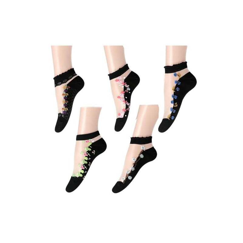 [Feiyda] 靴下 レディース 透明 花柄 ソックス 薄手 春夏用 綿底 通気性