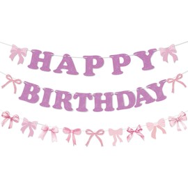 3Pack Bow Happy Birthday Banner Glitter Pink Bow Garlands for Girls Women Bow Birthday Party Decorations Bridal Shower Baby Shower Party Supplies