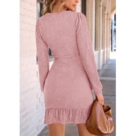 PRETTYGARDEN Women's Fall Ruched Bodycon Mini Dress Long Puff Sleeve Ruffle Fitted Cocktail Party Dresses (Pink,Medium)