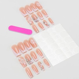 24 uñas postizas francesas con punta a presión, cuadradas medianas, con diseño de margaritas 3D, elegantes y naturales, color nude, para mujer, con pe
