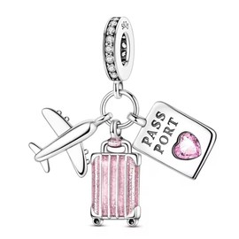 JABEDE Travel Charm Pendant for Bracelet - Pink Suitcase, Plane and Passport - 925 Silver for Travel Women, Sterling Silver, No aplica