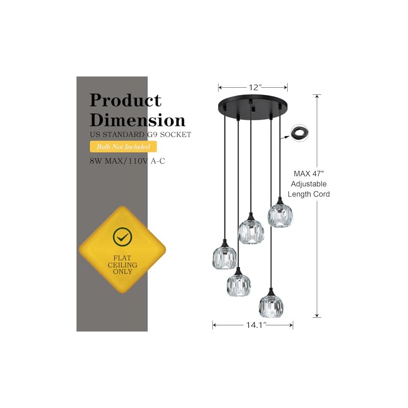 CJY CHENJINYAN 5 Light Modern 4.3in Crystal Black Ceiling Light