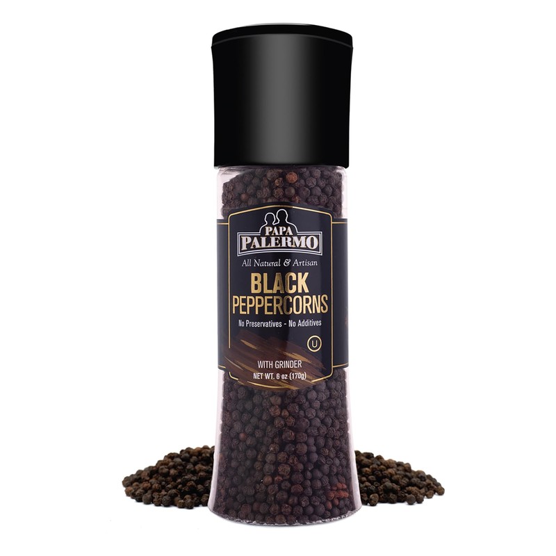 Papa Palermo Black Peppercorn with Grinder, Kosher, All Natural, No