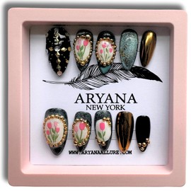Aryana New York Press On Nails Handmade with Full Covered Crystal and Flowers, Reusable Fake Nails, Luxury Almond 3D Nail Set,10 PCS Acrylic Handmade Nails, Flower Collection - (Medium)