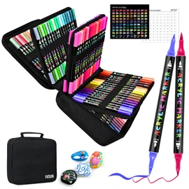 IVSUN Acrylic Paint Pens, 100 Colors Dual Tip Paint Markers with Fine Tip and Brush Tip Pens for Stone, Wood, Canvas, Calligraphy, Ceramic, Metal, Glass, Rock Painting, DIY Crafts Art Supplies Kit