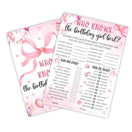 MUZRUYOU Who Knows The Birthday Girl Best, Pink Party Game Card Set, 4 * 6 inch, Pink Bow Theme Girls Sleepover Party Supplies, Girls Birthday Night Game Ideas, 20 Pieces