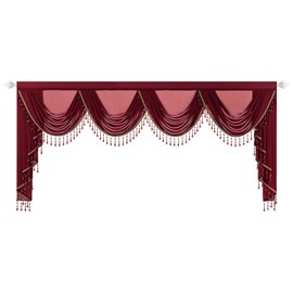 VOGOL Extra Wide Sheer Waterfall Valances, Vintage Style Voile Curtain Panels for Bathroom Basement, 1 Pack Silky Textured Lightweight Drapes for Dining Room, 110 Inches Wide, Red