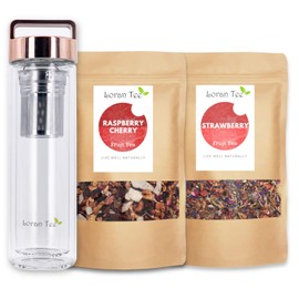 Loran Raspberry Strawberry Set, Raspberry 200 g & Strawberry 150 g Fruit Tea, Loose, Tea Bottle with Strainer to Go Teamaker 500 ml, Double-Walled, Insulated