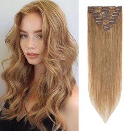 S-noilite Clip-In Real Hair Extensions, Dark Blonde, Remy Human Hair, 45 g, 20 cm, Thin Wefts, 8 Wefts, #27