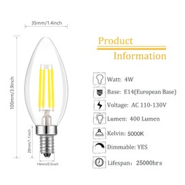 Lamsky E14 LED Bulb Dimmable,110V 400LM 40W Equivalent Daylight White 5000K,E14 European Base Candelabra LED Bulbs,C35 Clear Glass Torpedo Shape Bullet Top(12-Pack)