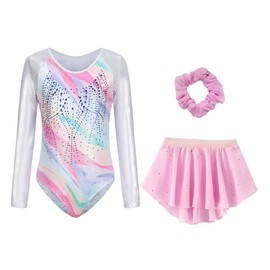 KEOYA Leotards for Girls Gymnastics Long Sleeve Sparkly Dance with Skirt Scrunchie Combo 3 Piece Ballet Tumbling Outfit Pink 7-8Y