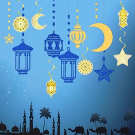KRANX 12PCS Ramadan Decorations(Blue&Gold) - Hanging Eid Mubarak Decorations, Swirl Shining Star Moon Lantern Ramadan Garland Kit, EID Decoration for Home, Ramadan Mubarak Party Decoration