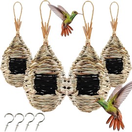 TIHOOD 4PCS 9.2 x 4 Inches Hand Woven Hummingbird House,Bird Hut and Hummingbird Houses Nest, Small Hanging Bird & Chickadee House for Finch & Canary in Outdoor