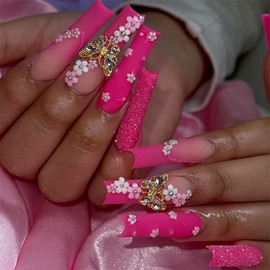 Pink Press on Nails Long Square French Fake Nails 3D Flowers Stick on Nails Gold Butterfly False Nails with Rhinestones Designs Acrylic Nails Matte Full Cover Glue on Nails for Women 24Pcs