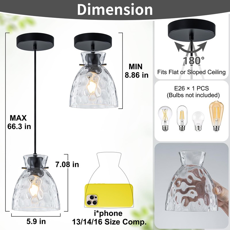 6" Mini Hammered Glass Black Pendant Lights Kitchen Island Lighting