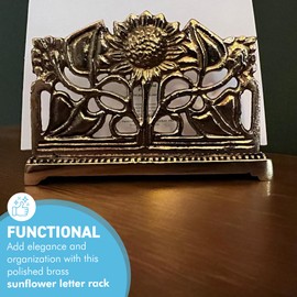 Thorness Art Nouveau Style Polished Brass Sunflower Letter Rack – Decorative Notelet & Letter Holder for Home or Office