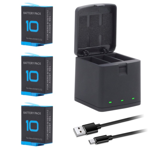3-Pack Hero 10 Batteries for GoPro Hero 12, Hero 11,