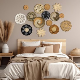 Xuhal 15 Pcs Boho Wall Basket Decor Hanging Woven Wall Basket Decorative Rustic Handcrafted Seagrass Baskets Round Woven Hanging Art for Home Farmhouse Kitchen Table Living Room (Stylish Style)