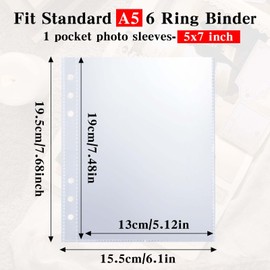 50 Pack 50 Pocket 5x7”Clear Page Protectors for A5 Binder 6 Ring Top Loading Paper Protector Sheets Binder Sleeves for Cards,Photocards,Postcards,Pictures,Stickers,and Cash Organizer(50)