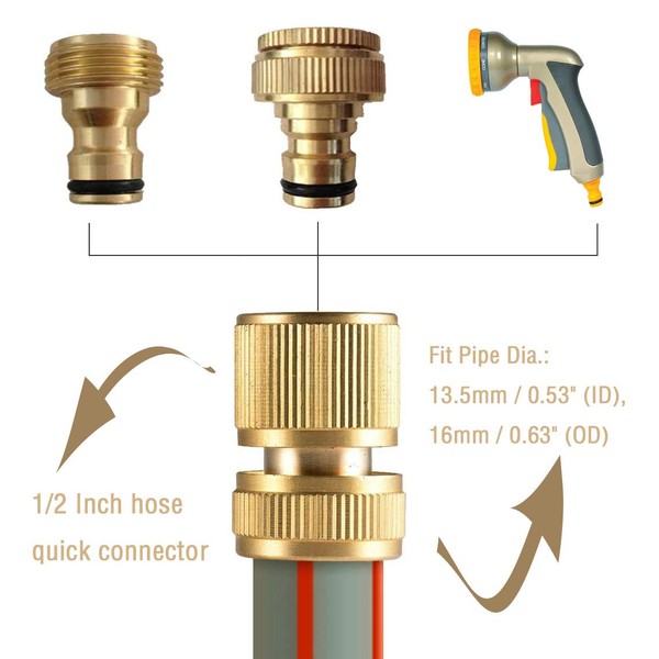 Tesmotor Brass Hose Connector Hose End Quick Connector for 1/2-inch(13mm) Graden Hose Pipe-Garden Hose Expandable Stretch Fittings Tap Adaptors Connectors 2Pack