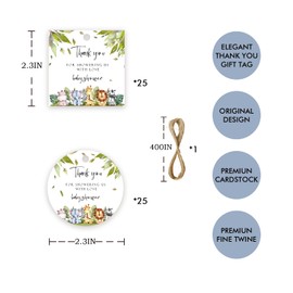 50pcs Jungle Safari Thank You Tags, Wild Animals Gift Tag with String for Baby Shower Party, Round Thank You Paper Tags for Birthday/Engagement/Baby Shower Party Favor