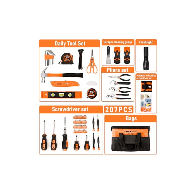 Thinkwork Juego Herramientas 207 Piezas Kit Portátiles Reparación Hogar Manuales
