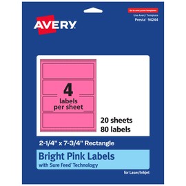 Avery Printable Rectangle Labels with Sure Feed Technology, 2-1/4" x 7-3/4", Bright Pink Labels, Print-to-The-Edge, Laser/Inkjet, 80 Total, Great for Candle Labels and Jar Labels