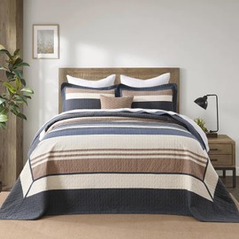 DUOHONG 120"x120" Oversized Bedspread - 100% Cotton, Striped Pattern California King Extra Large Quilt, Cal King XL Bed Spread Lightweight Comforter, 3pcs, Dark Grayish-Blue/Brown/Creamy Beige