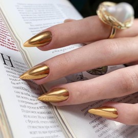 Mirror Metal Gold Press on Almond Shaped Chrome Glazed Medium Nails - Bling Shiny Plating Acrylic Reusable Fake Nails for Women - Stiletto Glue on Medium Length