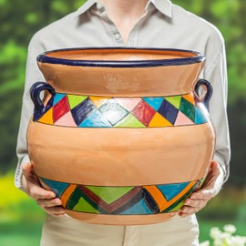 Evergreen Garden Talavera Mexican Pottery Ceramic Chata | Flower Pot Plant Succulent | Indoor Outdoor (14 in. Multicolor Striped)