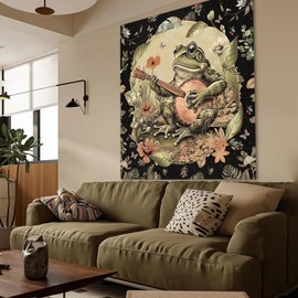 Apdidl Vintage Boho Frog Tapestry for Bedroom Aesthetic, Green Music Floral Wall Covering Tapestries with Playing Banjo, Funny Frog Decor Poster Wall Hanging for Dorm Living Room (51"X60")