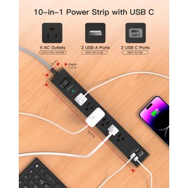 2 Pack Surge Protector Power Strip, 6 Outlets 4 USB Charging Ports, 12Ft Braided Extension Cord, Flat Plug, Wall Mount, Desk Accessories, Home Office Essentials
