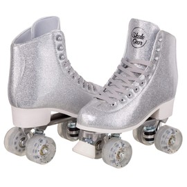 Skate Gear Sparkly Retro Quad Roller Skates (Glitter Silver, Women's 6 / Youth 5 / Men's 5)