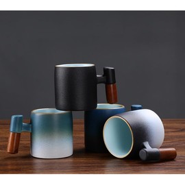 Dicmracy 2.5oz Ceramic Espresso Cups set of 2 or 4, Espresso Cups with Wooden Handle, Demitasse Cups for Coffee or Tea (balck2, small)