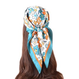 GIMIRO Women's 70 x 70 cm Scarf Simulated Silk Flowers Scarf Tie Houndstooth Bandana, C04 Floral Green/Orange