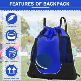KAEGREEL Drawstring Soccer Bag for Boys Girls, Foldable Basketball Football Backpack Versatile Sports Bag with Detachable Ball Mesh Bag for Gym Volleyball Baseball Yoga, Blue