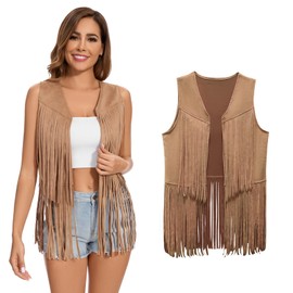 Women's Fringe Vest 60s 70s Hippie Vest Sleeveless Cowgirl Western Faux Suede Tassel Leather Jacket Hippie Party (US, Alpha, 3X-Large, Regular, Regular, Khaki)