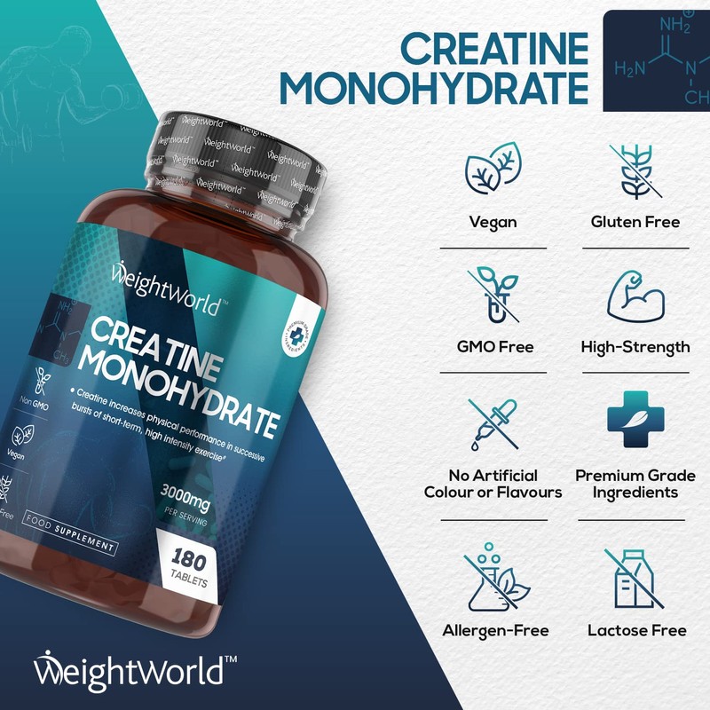 Creatine Monohydrate Tablets 3000mg - 180 Creatine Tablets - Gym