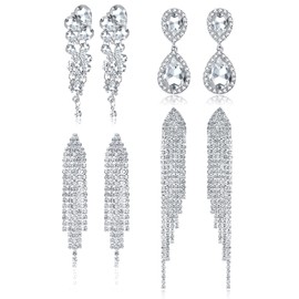 Diamday 4 Pairs Silver Clip on Dangle Earrings for Women Rhinestone Tassle Earrings Angel Wings Sparkly Chandelier Earrings for Brides Bridesmaids Wedding Prom Jewelry Non Pierced