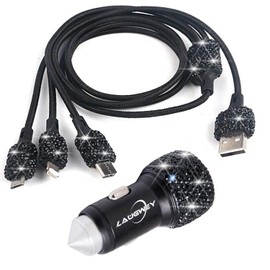 Bling Car Charger Accessories Set,Rhinestone Dual USB Car Chargers + Bling 3 in1 Nylon Braided Charging Cable,Bling Crystal Decoration Car Accessories Kits for Girl and Women (Black)