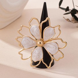 TMDSHS Flower Ring, Gold Green Chunky Double Layered Five Petals Index Finger Leaf Flower Rings For Women Floral Hibiscus Statement Dainty Adjustable Waterproof Non Tarnish Jewelry Gift, Large, Metal